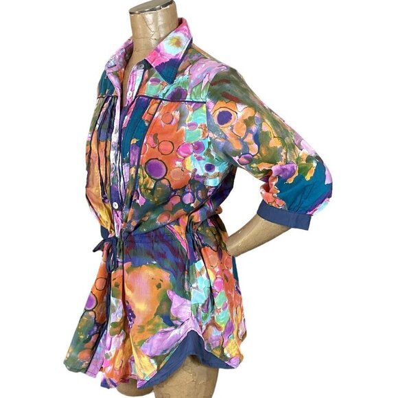 Bold Watercolor Button Down Pleated Tunic Top Tie Waist Sz XL Kings County #270B - Picture 5 of 9
